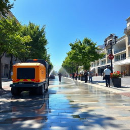 A serene city scene depicting a sidewalk being cleaned