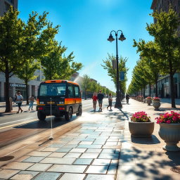 A serene city scene depicting a sidewalk being cleaned