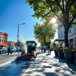 A serene city scene depicting a sidewalk being cleaned
