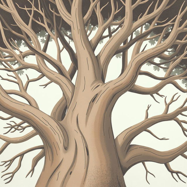 A close-up view of an ancient tree with smooth, bare branches, emphasizing its age and unique character