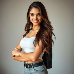 A stunning 25-year-old woman dressed in a chic, sexy student outfit stands confidently facing the camera, her captivating expression radiating a playful and provocative allure