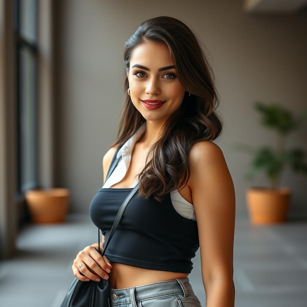 A stunning 25-year-old woman dressed in a chic, sexy student outfit stands confidently facing the camera, her captivating expression radiating a playful and provocative allure