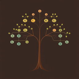 A beautifully designed tree diagram illustrating the permutations of the elements A, B, C, and D