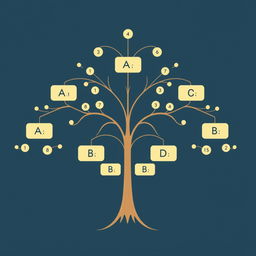 A beautifully designed tree diagram illustrating the permutations of the elements A, B, C, and D