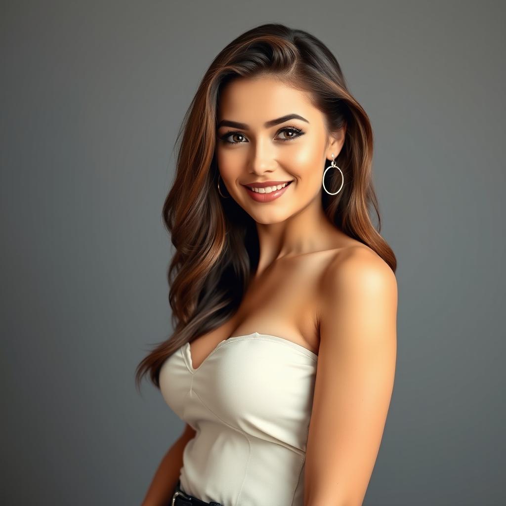 A stunning 25-year-old woman dressed in a sexy student outfit stands confidently facing the camera, her captivating expression highlighting a playful and provocative allure