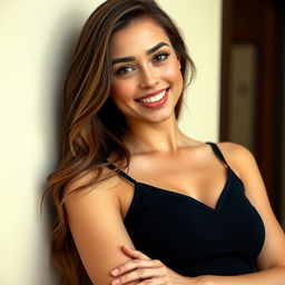 A stunning 25-year-old woman dressed in a sexy student outfit stands confidently facing the camera, her captivating expression highlighting a playful and provocative allure