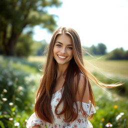 A stunning portrait of a young woman with long flowing brown hair that cascades down her shoulders