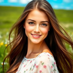 A stunning portrait of a young woman with long flowing brown hair that cascades down her shoulders