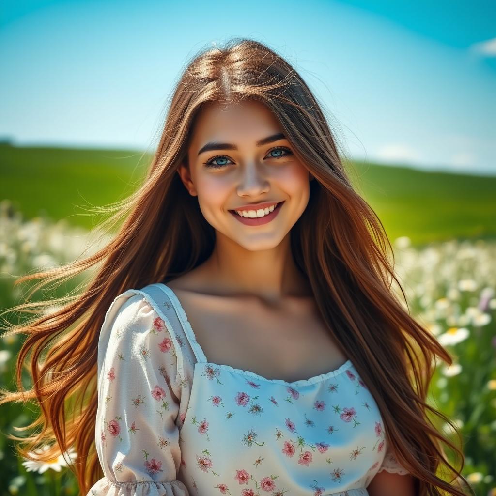 A stunning portrait of a young woman with long flowing brown hair that cascades down her shoulders