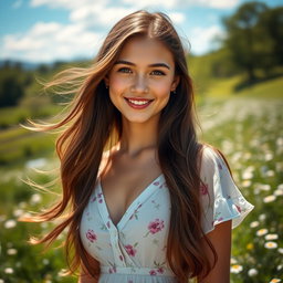 A stunning portrait of a young woman with long flowing brown hair that cascades down her shoulders