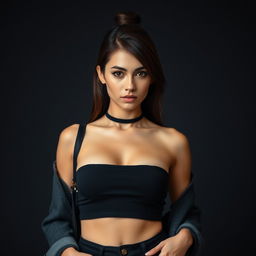 A captivating 25-year-old woman dressed in a sexy student outfit stands confidently facing the camera, showcasing an eye-catching neckline