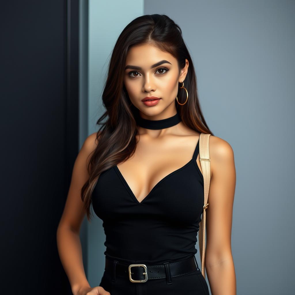 A captivating 25-year-old woman dressed in a sexy student outfit stands confidently facing the camera, showcasing an eye-catching neckline