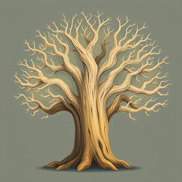 An ancient tree with smooth, bare branches, full of character and age, illustrated in the whimsical style of Jon Klassen