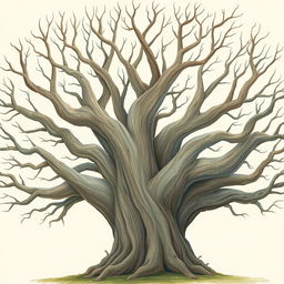 An ancient tree with smooth, bare branches, full of character and age, illustrated in the whimsical style of Jon Klassen