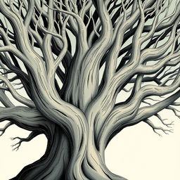 An ancient tree with smooth, bare branches, full of character and age, illustrated in the whimsical style of Jon Klassen