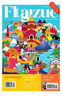 A vibrant cover design for a monthly magazine featuring a collage of various topics such as art, culture, travel, and lifestyle