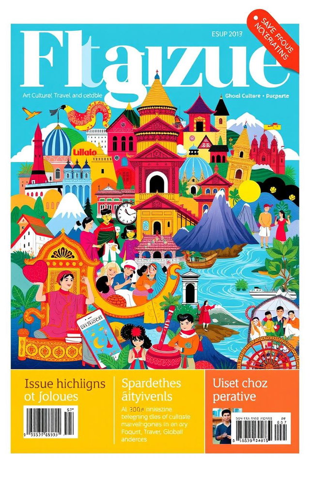A vibrant cover design for a monthly magazine featuring a collage of various topics such as art, culture, travel, and lifestyle