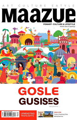 A vibrant cover design for a monthly magazine featuring a collage of various topics such as art, culture, travel, and lifestyle