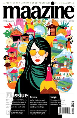A vibrant cover design for a monthly magazine featuring a collage of various topics such as art, culture, travel, and lifestyle