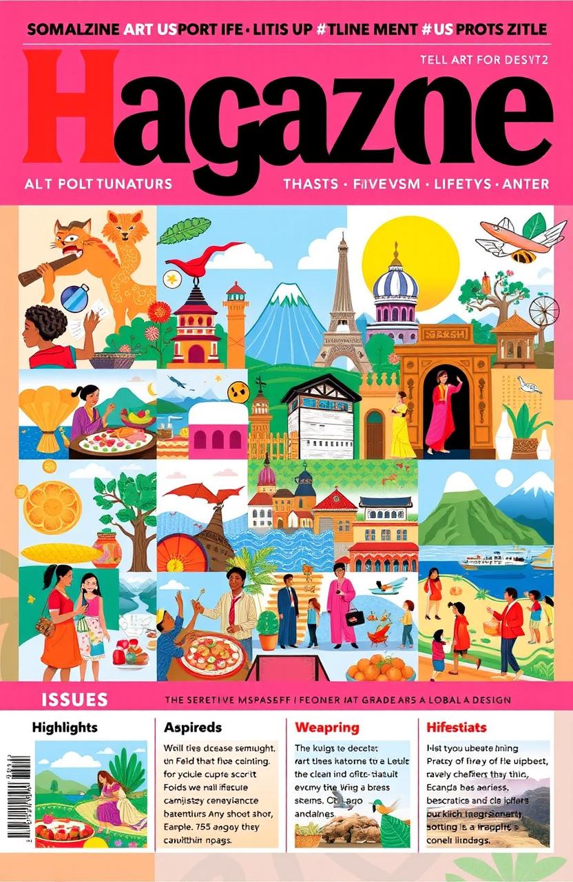 A vibrant cover design for a monthly magazine featuring a collage of various topics such as art, culture, travel, and lifestyle