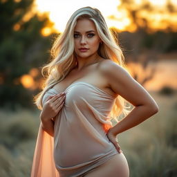 A stunning blonde woman with a voluptuous figure, tastefully posed in a natural setting