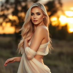 A stunning blonde woman with a voluptuous figure, tastefully posed in a natural setting