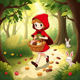 A whimsical illustration of Little Red Riding Hood in a vibrant, enchanted forest