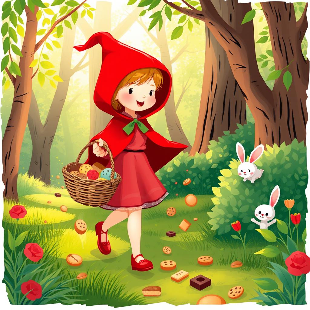 A whimsical illustration of Little Red Riding Hood in a vibrant, enchanted forest