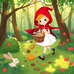 A whimsical illustration of Little Red Riding Hood in a vibrant, enchanted forest