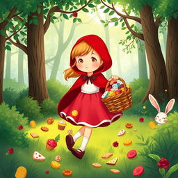 A whimsical illustration of Little Red Riding Hood in a vibrant, enchanted forest
