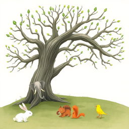 An old tree with smooth, bare branches, adorned with fresh green buds emerging at the tips