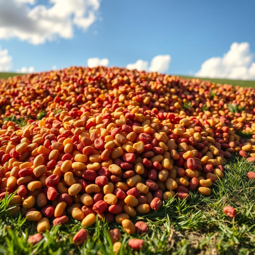A vast pile of vibrant, colorful dog food scattered across a grassy field, showcasing a mix of brown, red, and yellow kibble