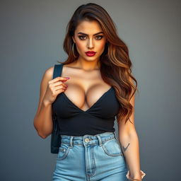 A beautiful 25-year-old woman dressed in a sexy student outfit stands confidently facing the camera