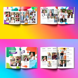A vibrant and colorful yearbook design featuring a variety of themes for different sections such as 'Senior Portraits', 'Clubs and Activities', 'Sports Teams', and 'Memorable Moments'