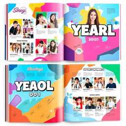 A vibrant and colorful yearbook design featuring a variety of themes for different sections such as 'Senior Portraits', 'Clubs and Activities', 'Sports Teams', and 'Memorable Moments'