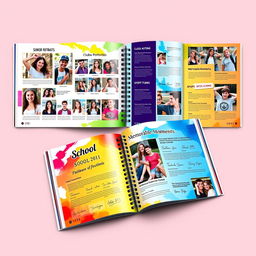 A vibrant and colorful yearbook design featuring a variety of themes for different sections such as 'Senior Portraits', 'Clubs and Activities', 'Sports Teams', and 'Memorable Moments'
