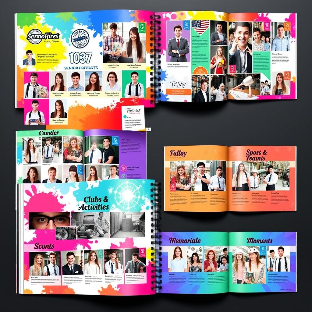 A vibrant and colorful yearbook design featuring a variety of themes for different sections such as 'Senior Portraits', 'Clubs and Activities', 'Sports Teams', and 'Memorable Moments'