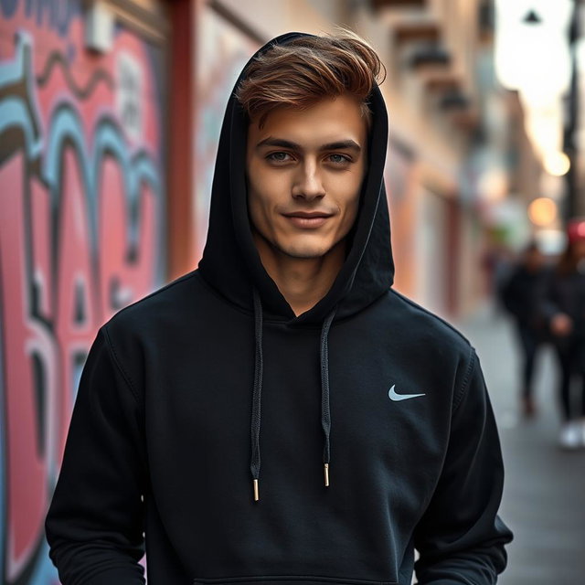 A stylish and modern black hoodie, featuring a soft fabric texture with a cozy fit
