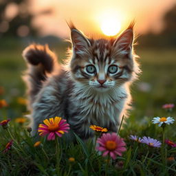 A cute and fluffy domestic cat with a playful expression, sitting on a patch of grass, surrounded by colorful wildflowers