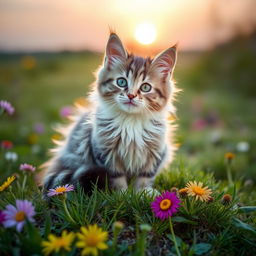 A cute and fluffy domestic cat with a playful expression, sitting on a patch of grass, surrounded by colorful wildflowers