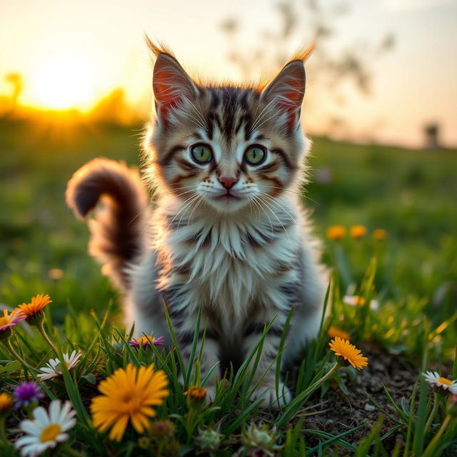 A cute and fluffy domestic cat with a playful expression, sitting on a patch of grass, surrounded by colorful wildflowers