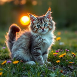 A cute and fluffy domestic cat with a playful expression, sitting on a patch of grass, surrounded by colorful wildflowers