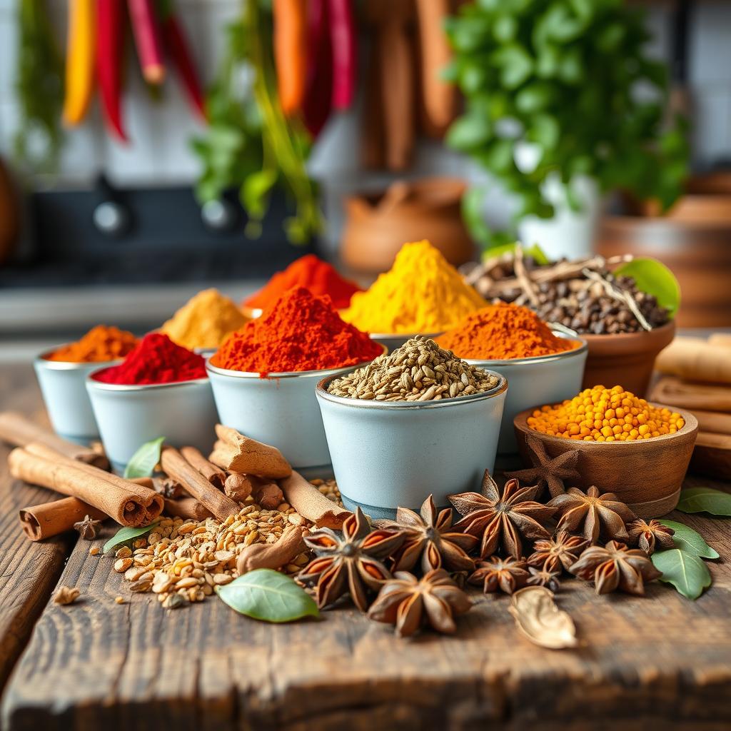 A vibrant still life featuring an array of colorful spices arranged beautifully on a rustic wooden table