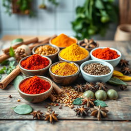 A vibrant still life featuring an array of colorful spices arranged beautifully on a rustic wooden table