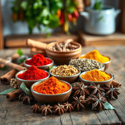 A vibrant still life featuring an array of colorful spices arranged beautifully on a rustic wooden table