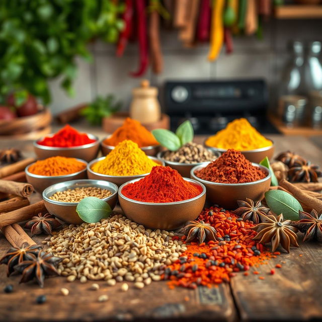 A vibrant still life featuring an array of colorful spices arranged beautifully on a rustic wooden table