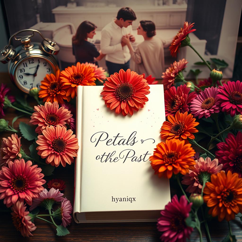A beautifully arranged scene featuring a book titled 'Petals of the Past' placed on a table