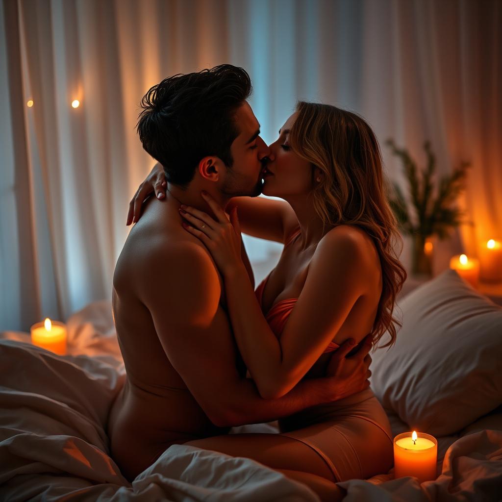 A sensual and intimate scene between two adults enjoying a passionate moment together in a soft-lit room, surrounded by luxurious fabrics and ambient lighting
