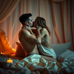 A sensual and intimate scene between two adults enjoying a passionate moment together in a soft-lit room, surrounded by luxurious fabrics and ambient lighting