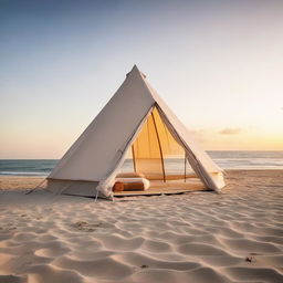 A modern architectural tent placed on a sandy beach with a stunning ocean backdrop during sunset.